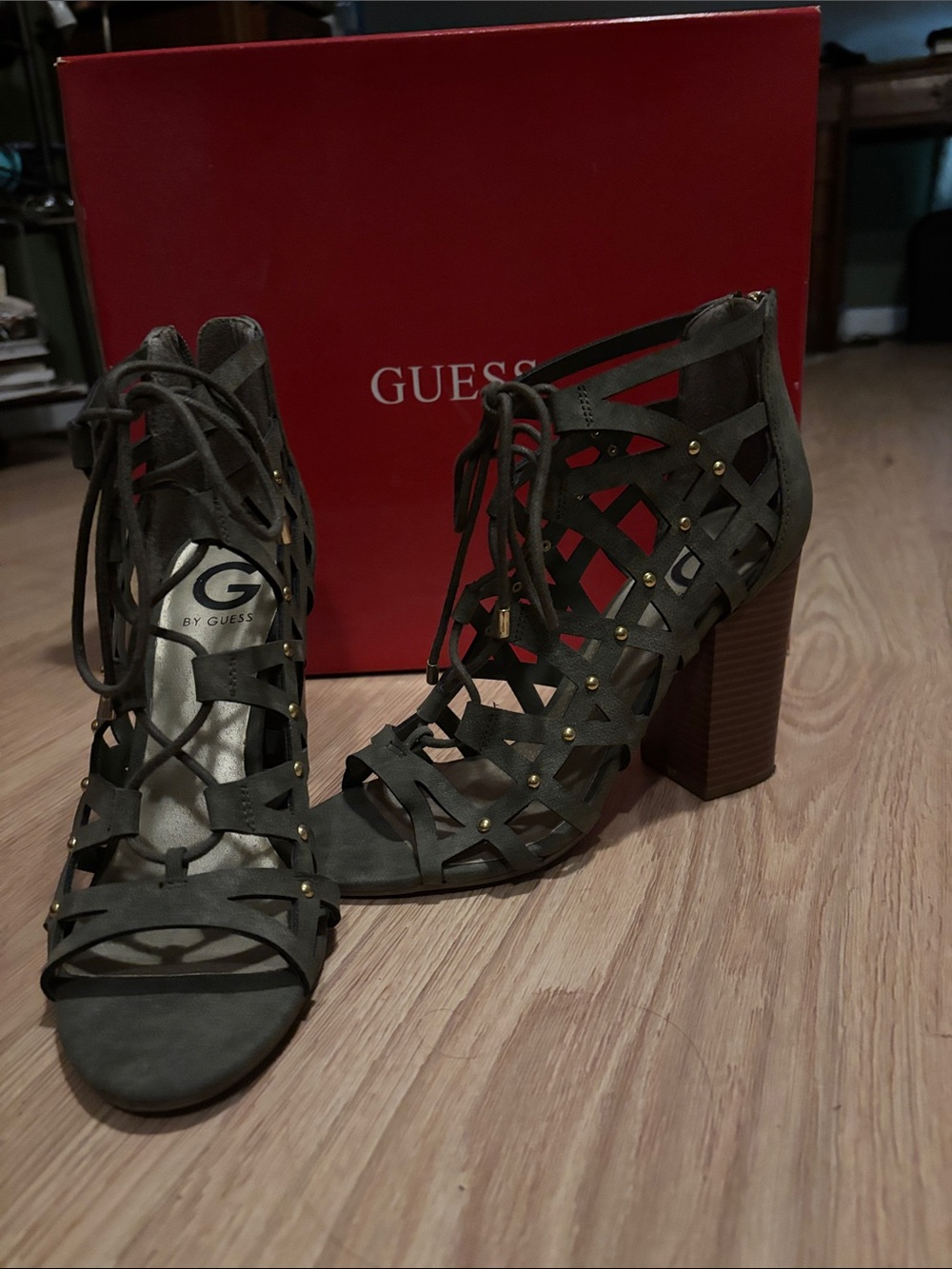 GUESS Olive Green Cutout Lace-Up Block Heel Sandals